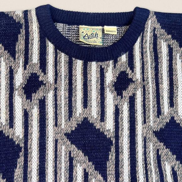 Vintage 90s Striped Blue Grandpa Sweater Aitch | Size Medium - Picture 2 of 6